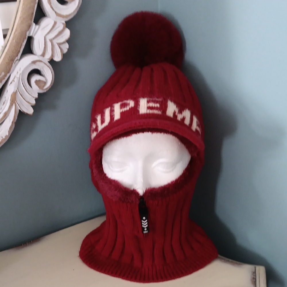 % Red Knit w Fleece Lining Balaclava with Pom Pom